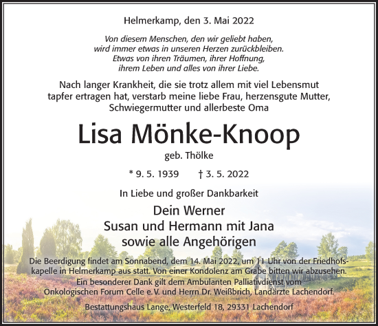 Traueranzeige von Lisa Mönke-Knoop von Cellesche Zeitung