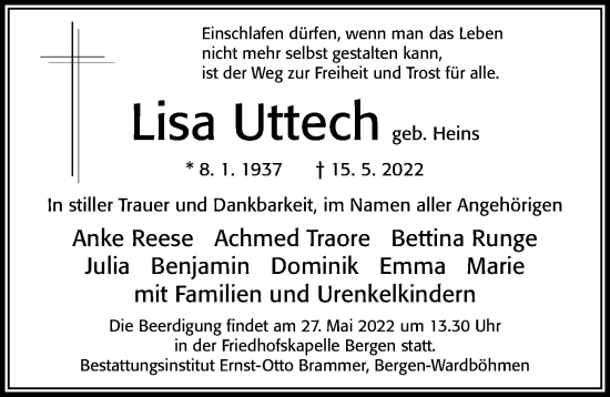 Traueranzeige von Lisa Uttech von Cellesche Zeitung
