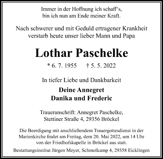 Traueranzeige von Lothar Paschelke von Cellesche Zeitung