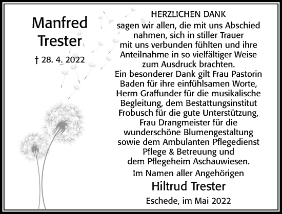 Traueranzeige von Manfred Trester von Cellesche Zeitung