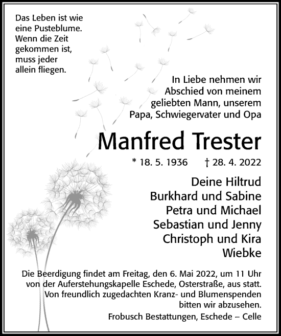 Traueranzeige von Manfred Trester von Cellesche Zeitung