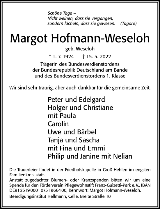 Traueranzeige von Margot Hofmann-Weseloh von Cellesche Zeitung