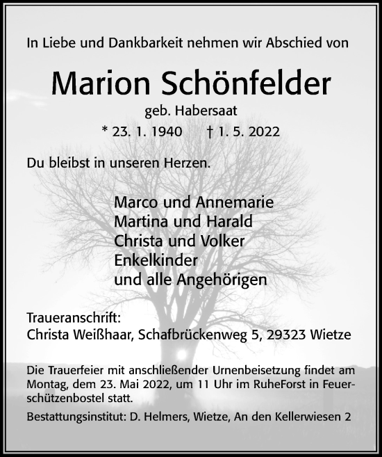 Traueranzeige von Marion Schönfelder von Cellesche Zeitung