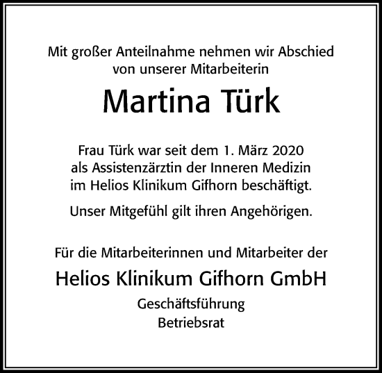 Traueranzeige von Martina Türk von Cellesche Zeitung