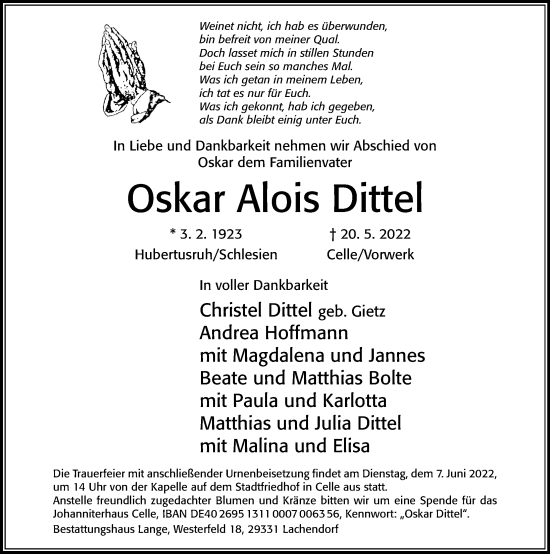 Traueranzeige von Oskar Alois Dittel von Cellesche Zeitung