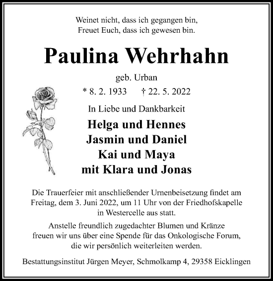 Traueranzeige von Paulina Wehrhahn von Cellesche Zeitung