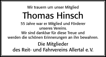 Traueranzeige von Thomas Hinsch von Cellesche Zeitung