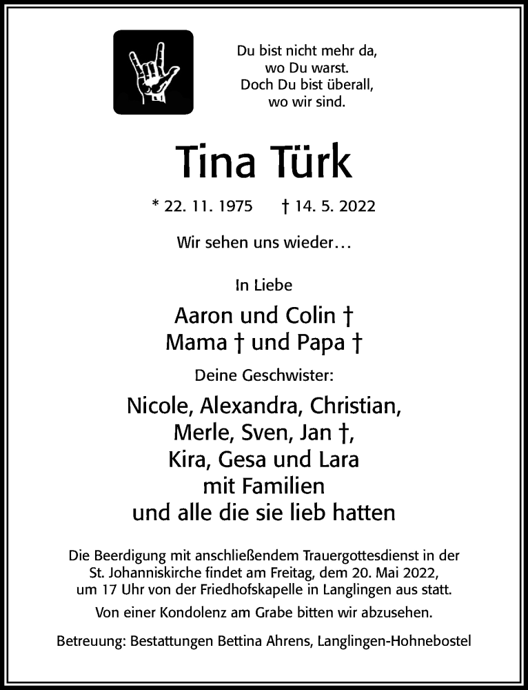  Traueranzeige für Tina Türk vom 18.05.2022 aus Cellesche Zeitung
