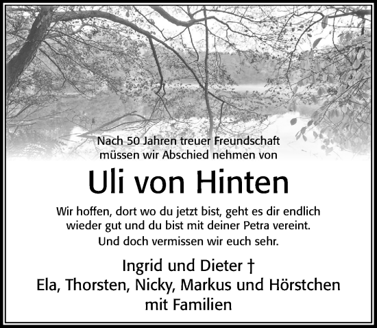Traueranzeige von Ulrich von Hinten von Cellesche Zeitung