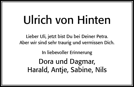 Traueranzeige von Ulrich von Hinten von Cellesche Zeitung