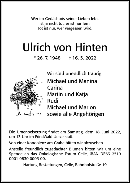 Traueranzeige von Ulrich von Hinten von Cellesche Zeitung