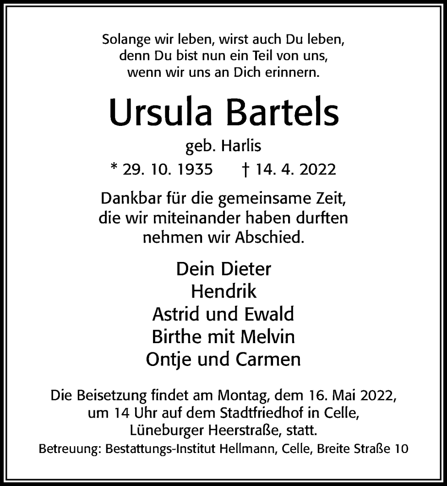  Traueranzeige für Ursula Bartels vom 07.05.2022 aus Cellesche Zeitung