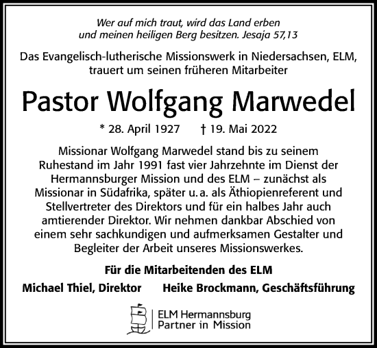 Traueranzeige von Wolfgang Marwedel von Cellesche Zeitung