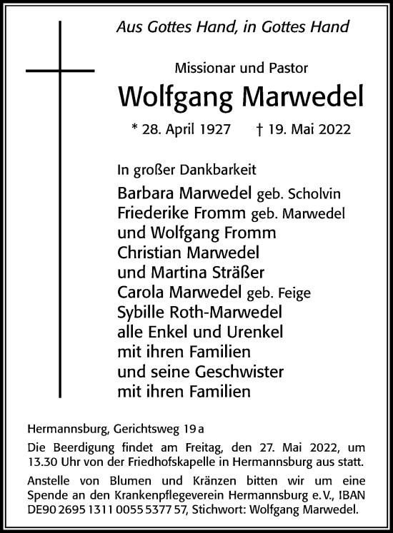 Traueranzeige von Wolfgang Marwedel von Cellesche Zeitung