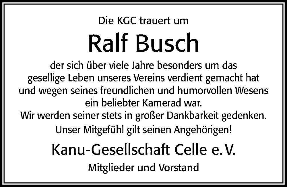  Traueranzeige für Ralf Busch vom 11.06.2022 aus Cellesche Zeitung