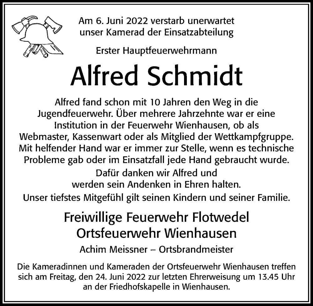  Traueranzeige für Alfred Schmidt vom 18.06.2022 aus Cellesche Zeitung