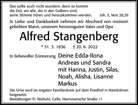 Traueranzeige von Alfred Stangenberg von Cellesche Zeitung