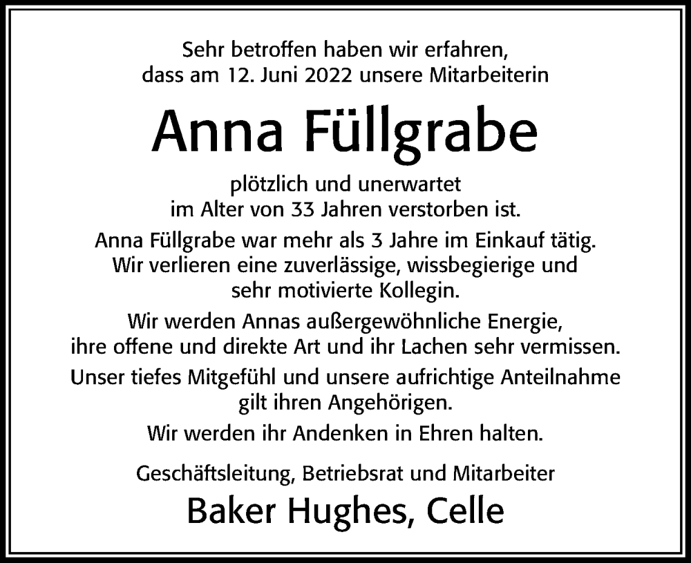  Traueranzeige für Anna Füllgrabe vom 29.06.2022 aus Cellesche Zeitung