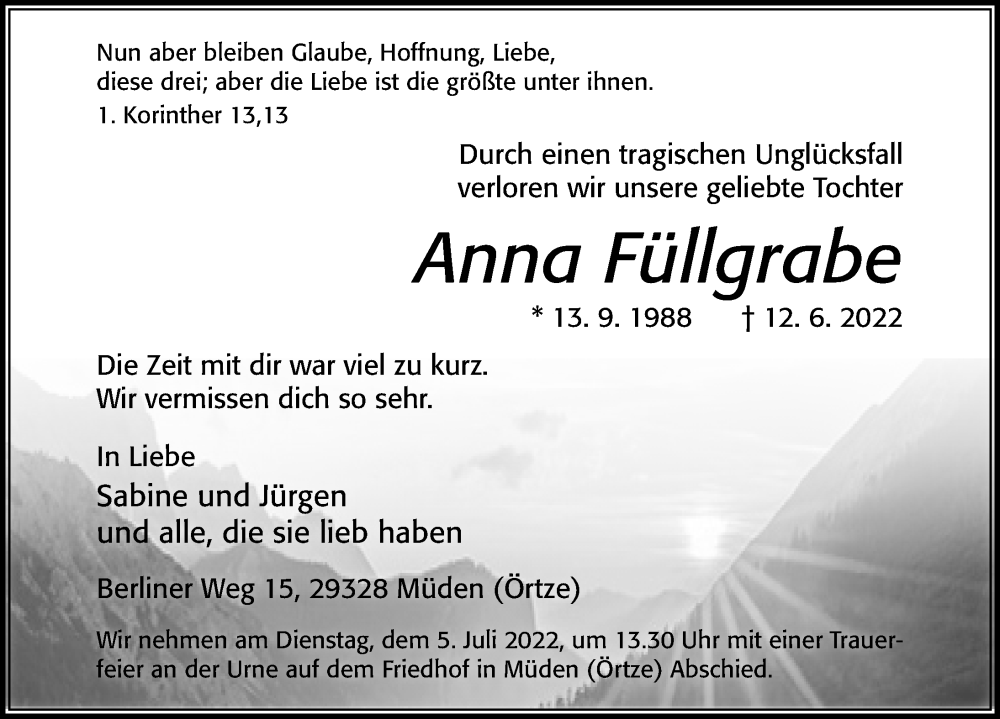  Traueranzeige für Anna Füllgrabe vom 25.06.2022 aus Cellesche Zeitung