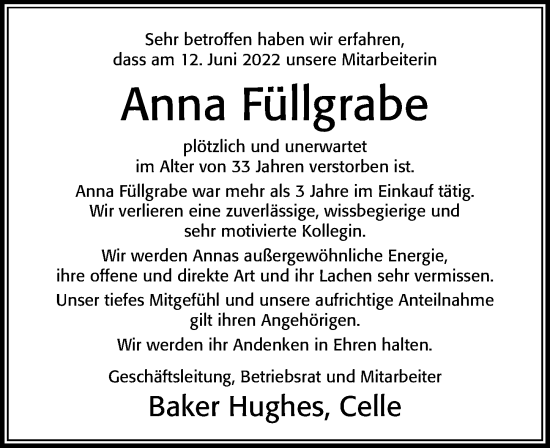 Traueranzeige von Anna Füllgrabe von Cellesche Zeitung