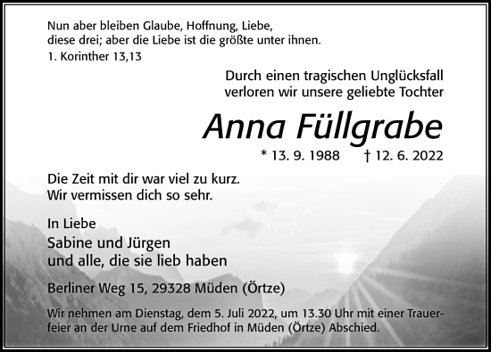 Traueranzeige von Anna Füllgrabe von Cellesche Zeitung