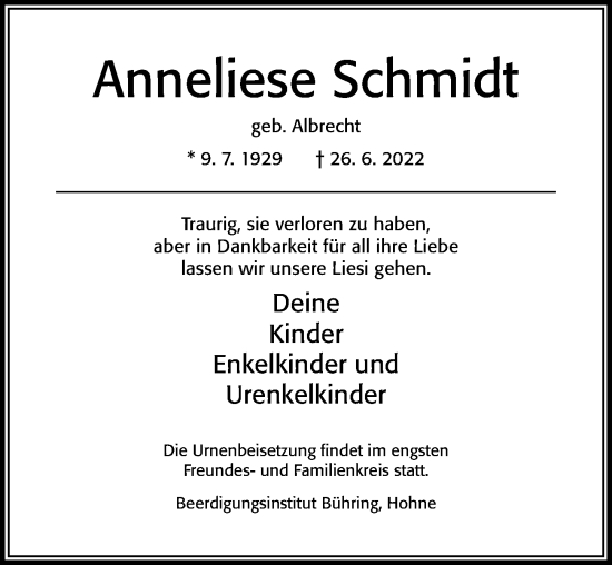 Traueranzeige von Anneliese Schmidt von Cellesche Zeitung