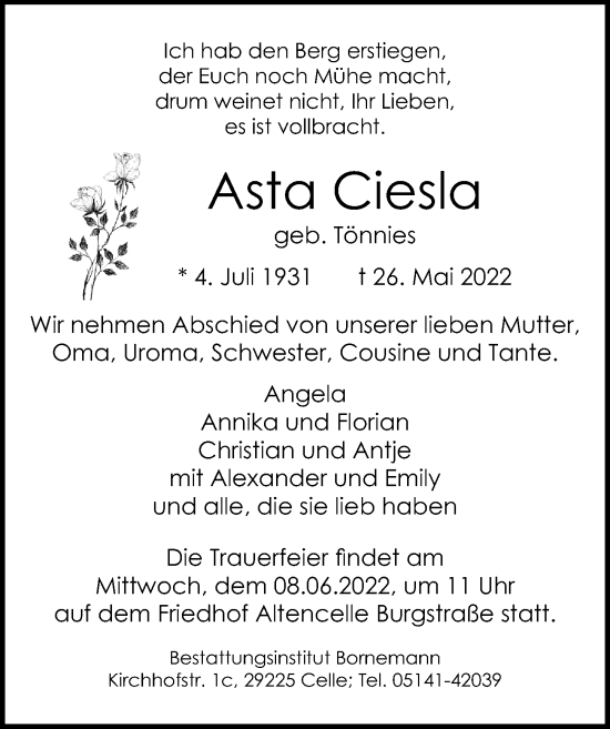 Traueranzeige von Asta Ciesla von Cellesche Zeitung