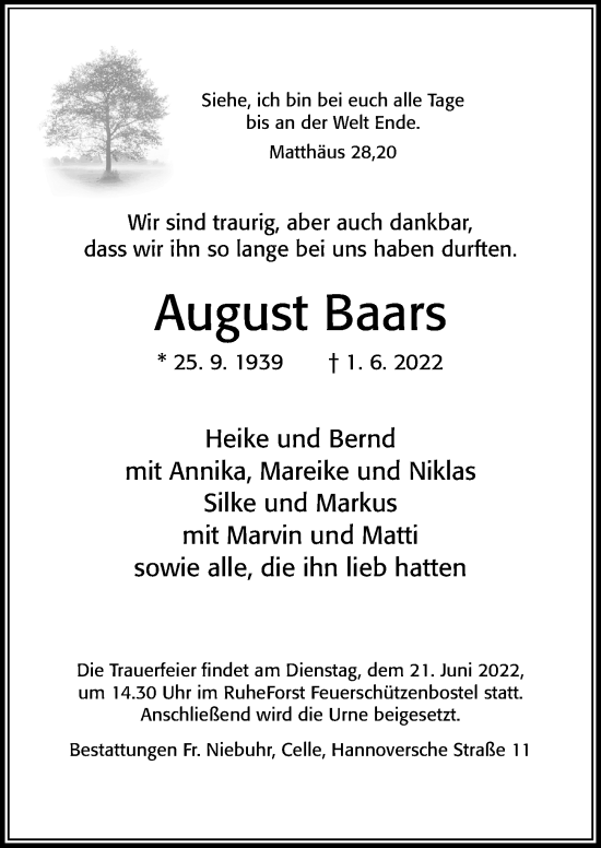 Traueranzeige von August Baars von Cellesche Zeitung