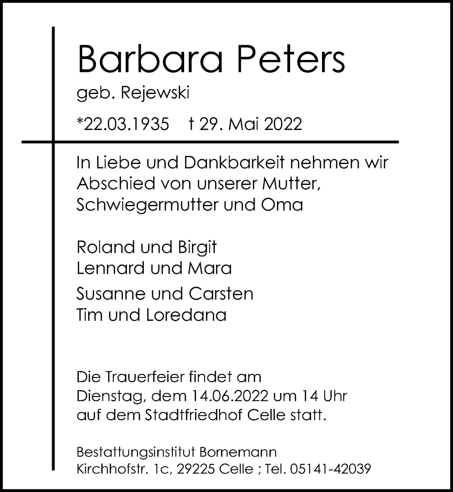  Traueranzeige für Barbara Peters vom 04.06.2022 aus Cellesche Zeitung