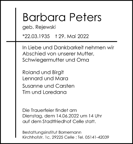 Traueranzeige von Barbara Peters von Cellesche Zeitung