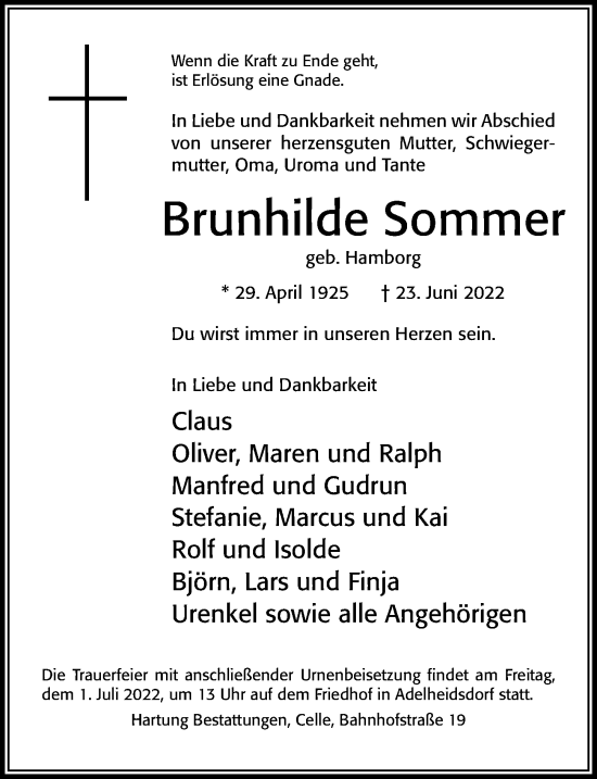 Traueranzeige von Brunhilde Sommer von Cellesche Zeitung