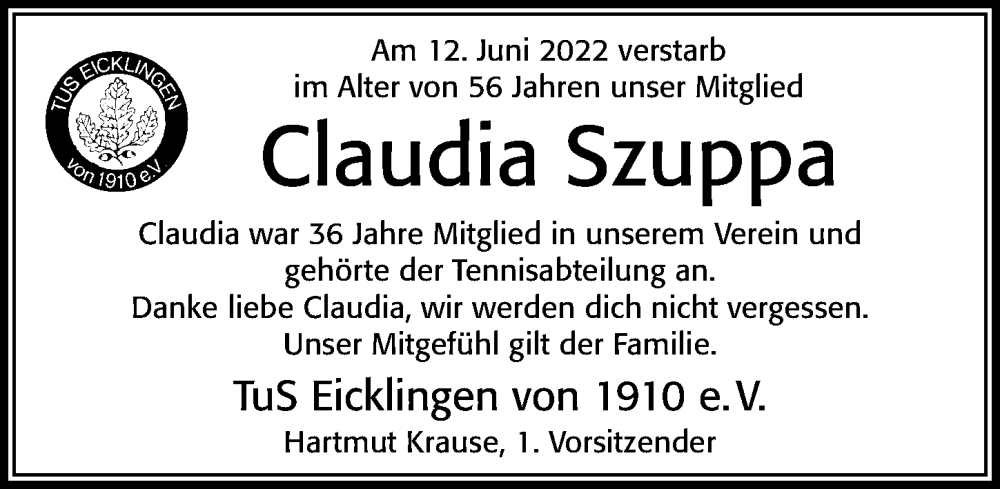  Traueranzeige für Claudia Szuppa vom 18.06.2022 aus Cellesche Zeitung