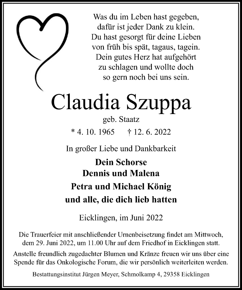  Traueranzeige für Claudia Szuppa vom 18.06.2022 aus Cellesche Zeitung
