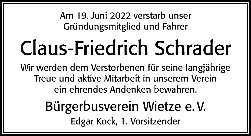  Traueranzeige für Claus-Friedrich Schrader vom 25.06.2022 aus Cellesche Zeitung