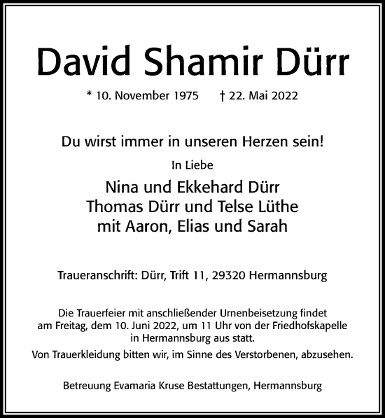 Traueranzeige von David Shamir Dürr von Cellesche Zeitung