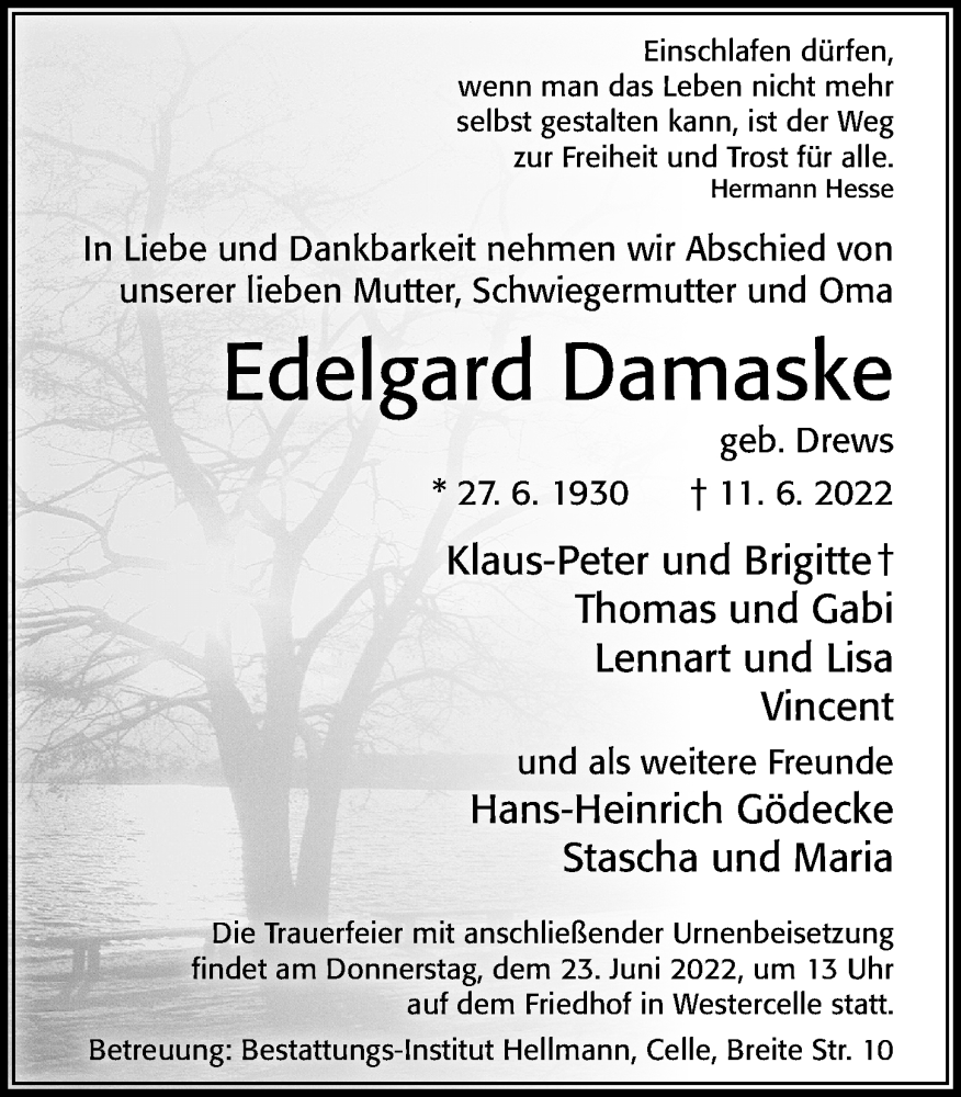  Traueranzeige für Edelgard Damaske vom 18.06.2022 aus Cellesche Zeitung