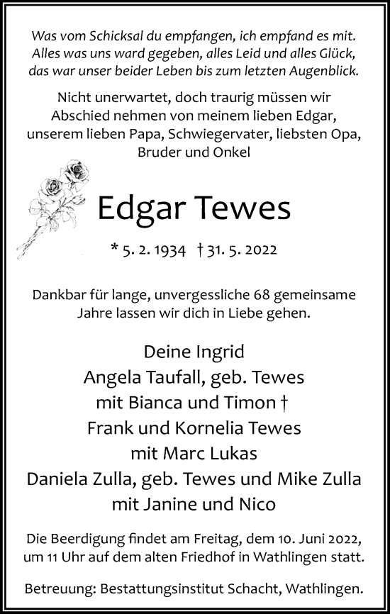 Traueranzeige von Edgar Tewes von Cellesche Zeitung