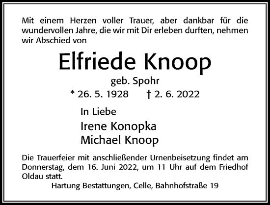 Traueranzeige von Elfriede Knoop von Cellesche Zeitung