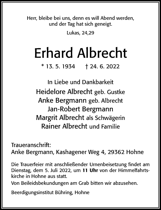 Traueranzeige von Erhard Albrecht von Cellesche Zeitung