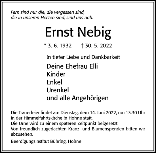 Traueranzeige von Ernst Nebig von Cellesche Zeitung
