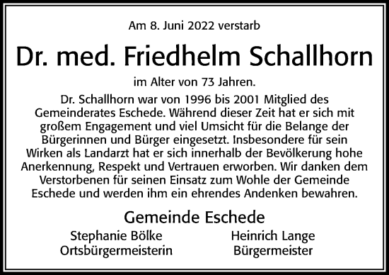 Traueranzeige von Friedhelm Schallhorn von Cellesche Zeitung