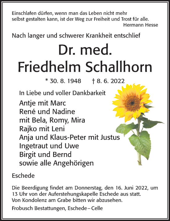 Traueranzeige von Friedhelm Schallhorn von Cellesche Zeitung