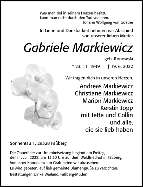 Traueranzeige von Gabriele Markiewicz von Cellesche Zeitung