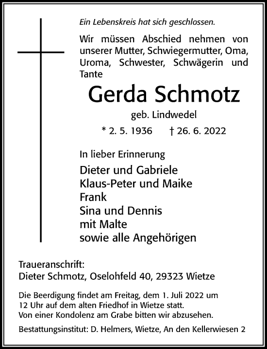 Traueranzeige von Gerda Schmotz von Cellesche Zeitung