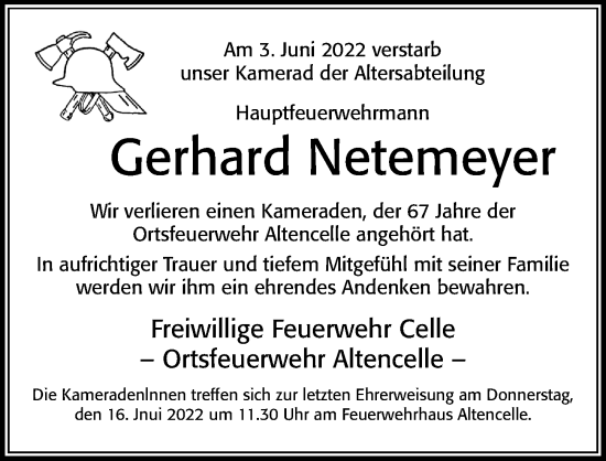 Traueranzeige von Gerhard Netemeyer von Cellesche Zeitung