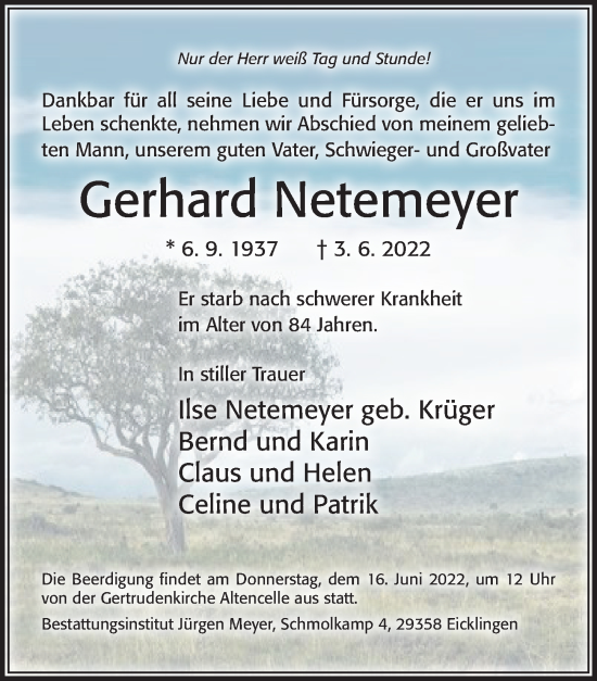 Traueranzeige von Gerhard Netemeyer von Cellesche Zeitung