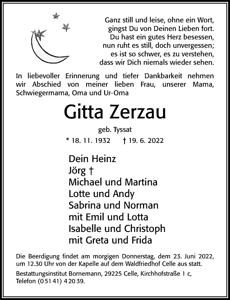  Traueranzeige für Gitta Zerzau vom 22.06.2022 aus Cellesche Zeitung