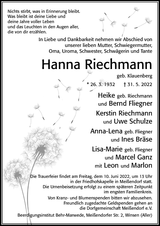 Traueranzeige von Hanna Riechmann von Cellesche Zeitung