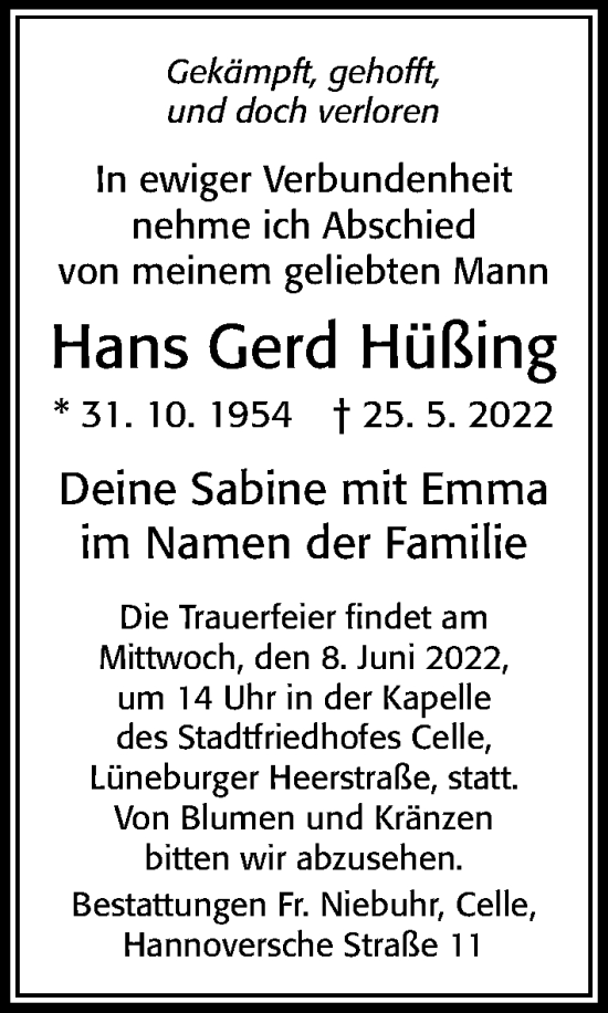 Traueranzeige von Hans Gerd Hüßing von Cellesche Zeitung