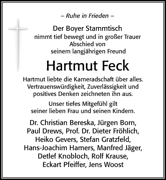 Traueranzeige von Hartmut Feck von Cellesche Zeitung